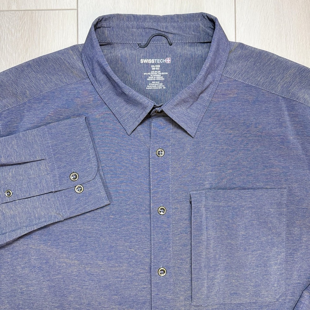 SwissTech Mens 2XL Blue Button Up Shirt Long Sleeve Stretch Nylon Outdoor 50-52!